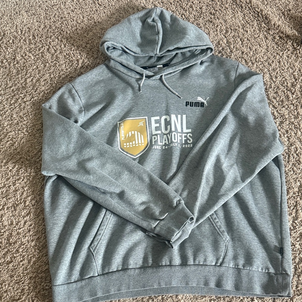 Puma Men's Light Gray ECNL Playoffs Hoodie with Gold Patch
